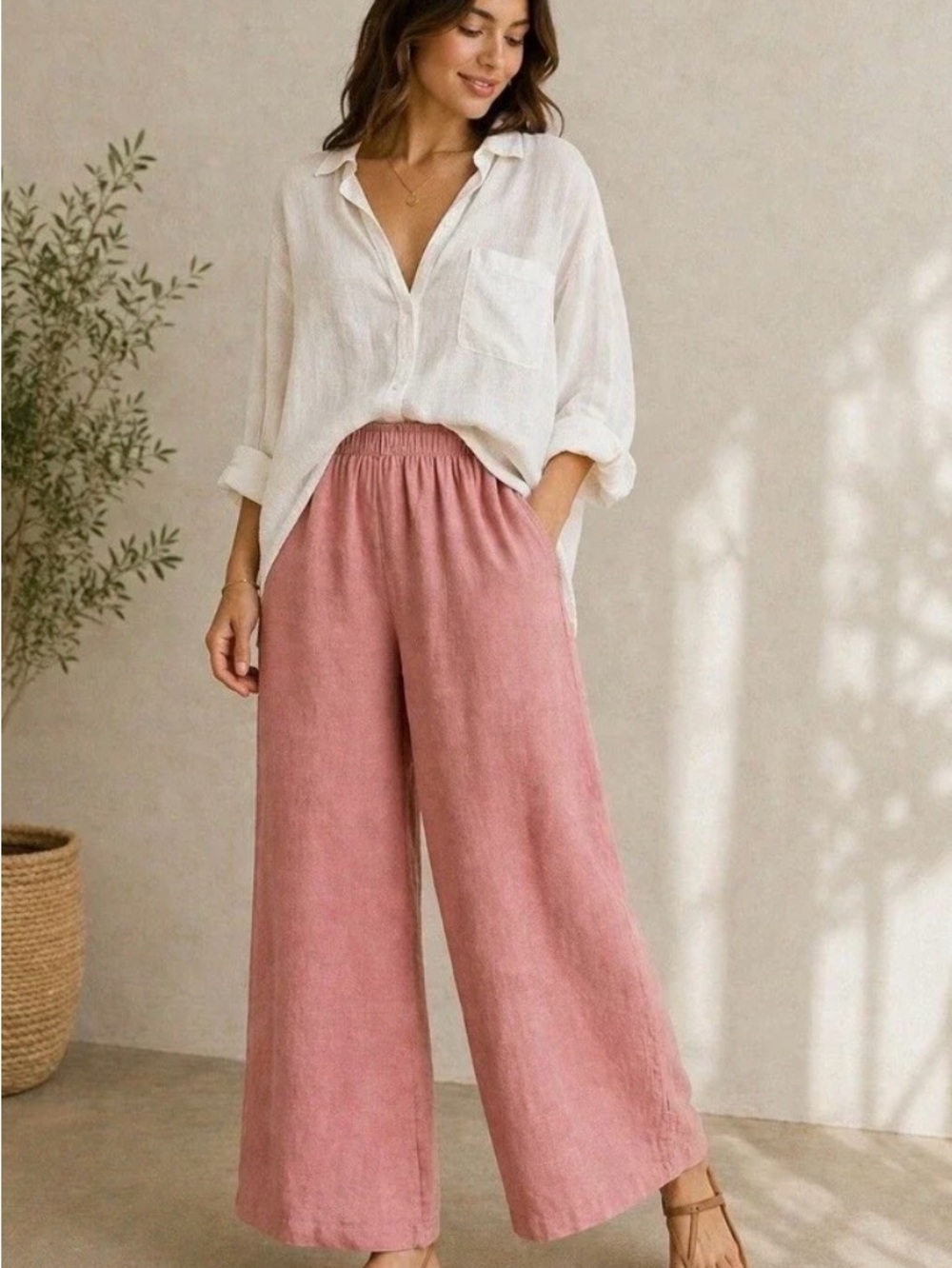 Cynthia Rowley Wide-Leg Elastic Waist Linen Pants - Dusty Rose XL